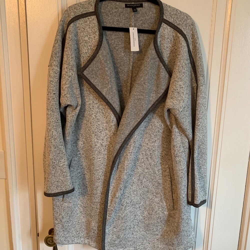 Banana Republic Factory Light Gray Open-Front Cardigan with Dark Trim